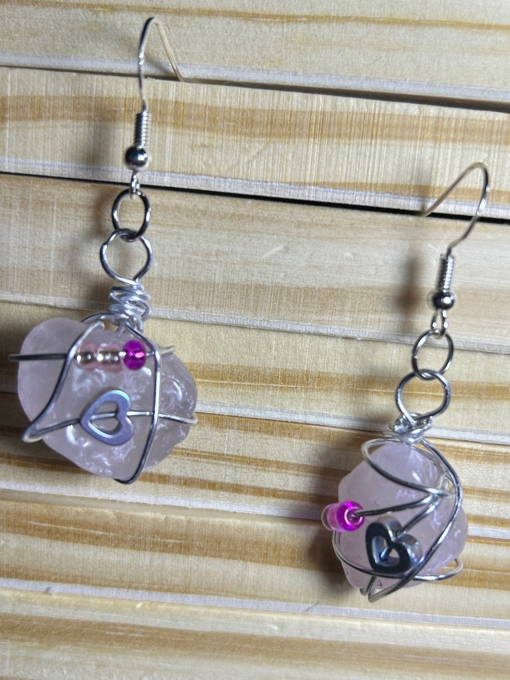 3/$25 Pink Rose Quartz Wire-Wrapped Heart Drop Earrings